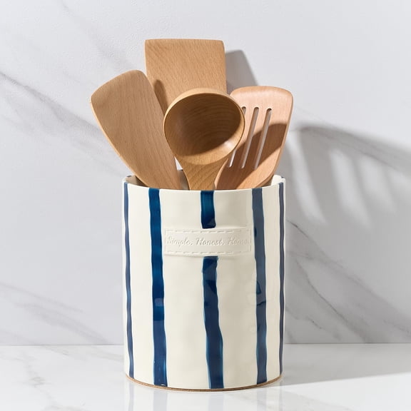 Ceramic Kitchen Utensil Holder Blue Stripes Countertop Cooking Tool Organizer