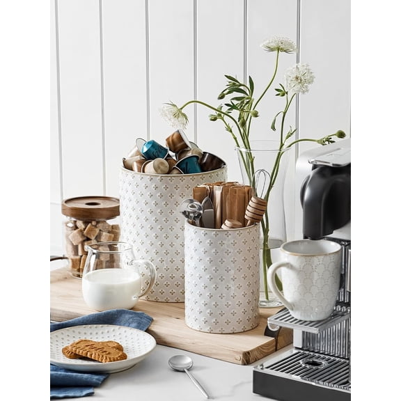 Ceramic Kitchen Utensil Holder Set of 2 - 7.1"+5.4" Large Cooking Crock Organizer for Spatula Spoon - Embossed White Clover Decor