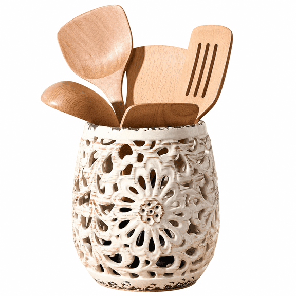 Ceramic Kitchen Utensil Holder with Openwork Floral Design and Cork Base, Countertop Utensil Crock