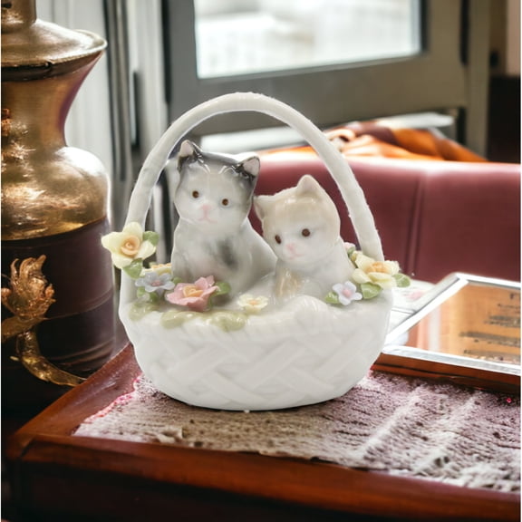 Ceramic Kittens in Basket Figurine Gift for Cat Lovers White 3.5"