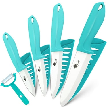 Ceramic Knife Set 5-Piece Sharp Chef Knives + One Peeler Non Rust White Blade with Sheaths 6-inch Serrated Bread Knife Non Rust Advantage Slicer