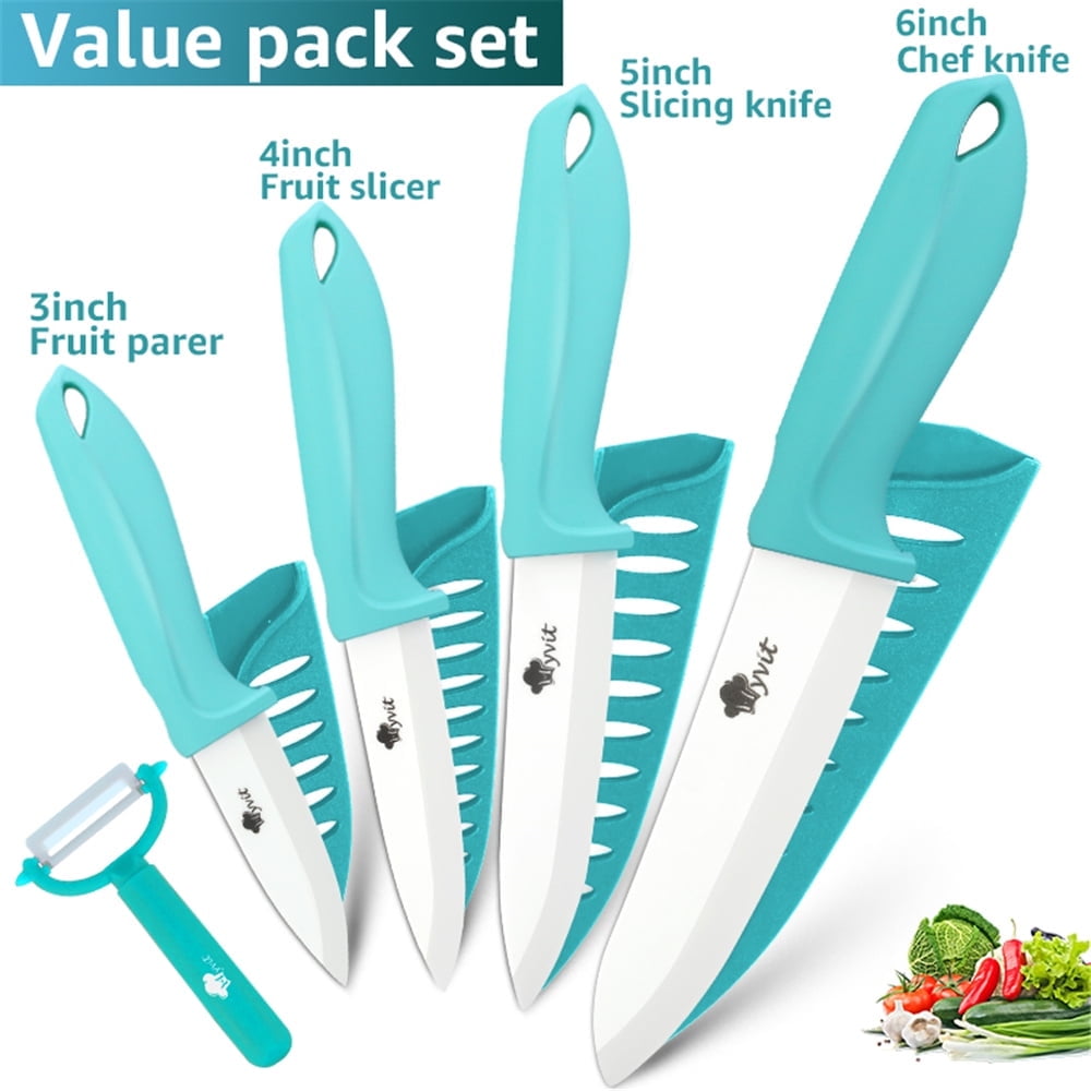 5-Pieces Ceramic Knife Set,Sharp Ceramic Knife with Block Stand,Steak Knife,Orange Kitchen Knives With Anti-Slip handle,Includes 6