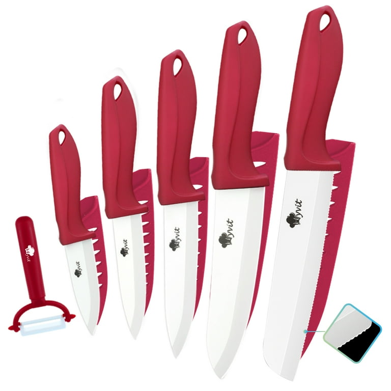 Ceramic Knife Set of Kitchen,3 inch, 4 inch, 5 inch, 6 inch White Ceramic Blade All in One Knives with 6 inch Bread Knife Utility Chef Knives with