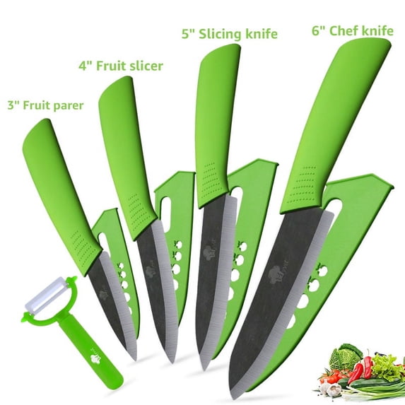 Ceramic Knife Set Professional Kitchen Knife with Sheath,Super Sharp Rust Proof Stain Resistant (6" Chef Knife,5" Utility Knife,4" Fruit Slicer,3" Paring,One Peeler)