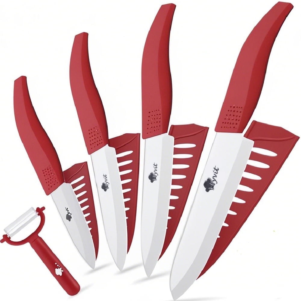 Ceramic Knife Set with Sheath Cover 3", 4", 5", 6" Rust Proof Ceramic Chef Knife + Peeler All in One Knives Vegetable Fruit Slicing Paring (Red)