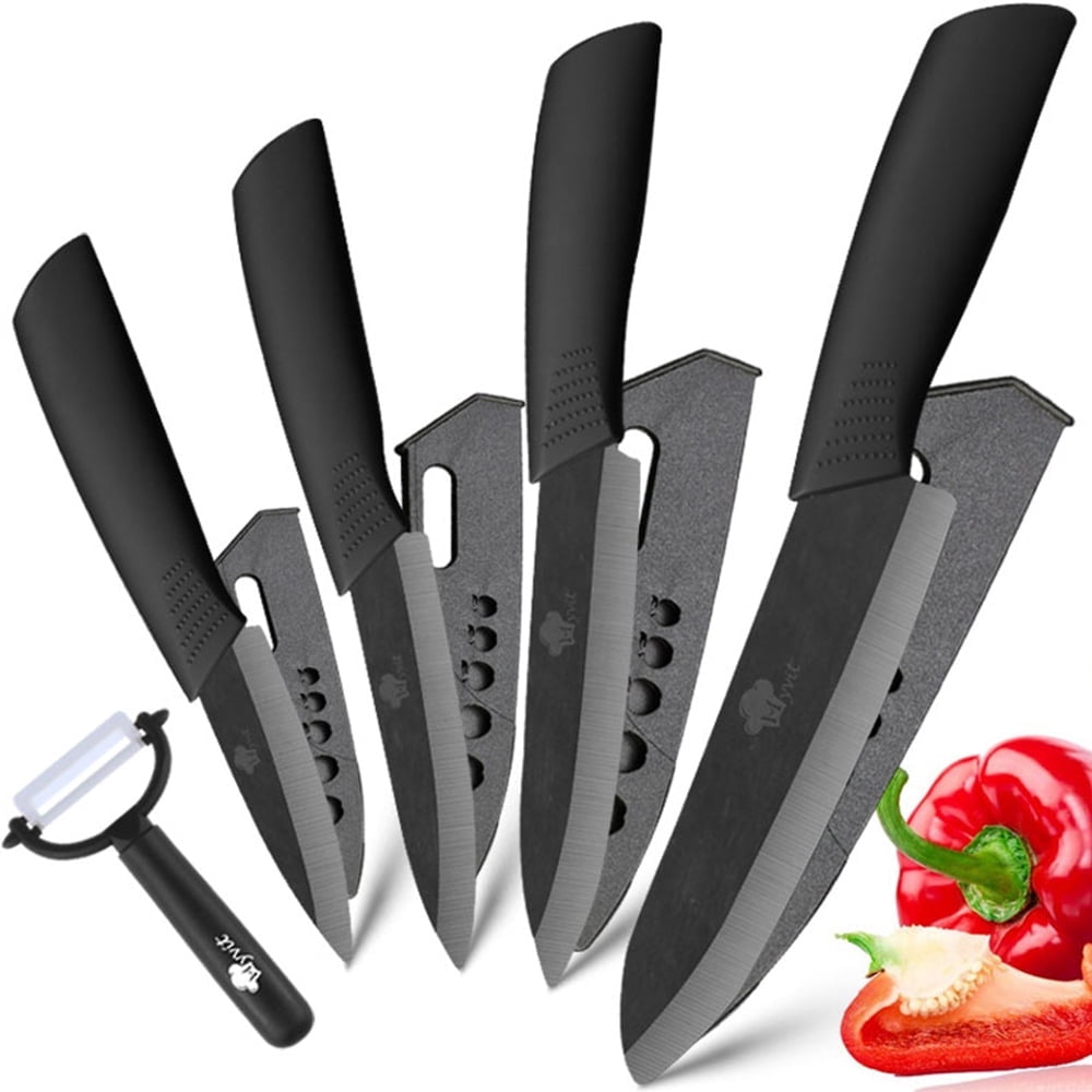 5-Pieces Ceramic Knife Set,Sharp Ceramic Knife with Block Stand,Steak Knife,Orange Kitchen Knives With Anti-Slip handle,Includes 6