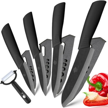 Ceramic Knife Set,Professional Kitchen Knives with Sheaths and One Peeler,Rust Proof Ultra -Sharp 3" 4" 5" 6"Chef Knife Utility Fruit Paring Knife Black Blade