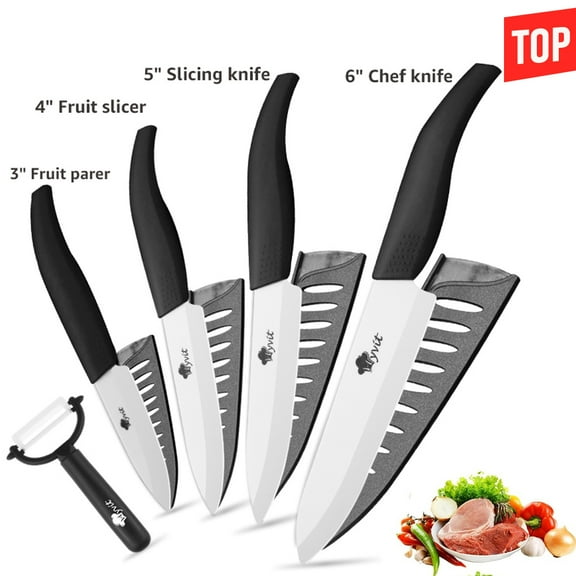 Ceramic Knives Set with Covers 3" 4" 5" 6" Paring Knives and One Peeler Cutter,for Kitchen Fruit Lettuce Carrot (4Pack)