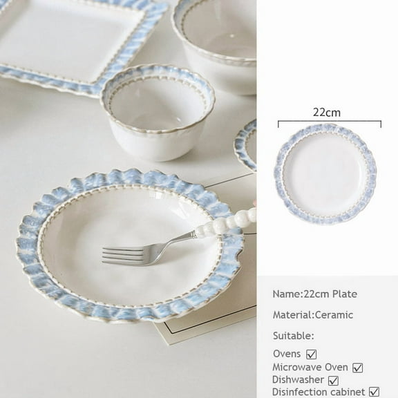 European-Style Court Ceramic Lace Staple Plate, Simple Blue Breakfast Mug, Underglaze Coffee Mug, Home Tableware Set