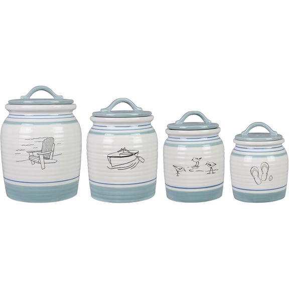 Ceramic Lake Cabin Canister Set with Coastal Lodge & Woodland Designs| Decorative Kitchen Storage Jars for Sugar,Coffee,Flour & SnacksRustic Farmhouse Lakehouse Countertop Decor with Lids