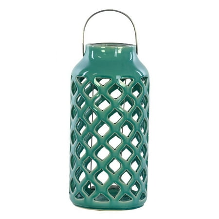 Ceramic Lantern with Metal Handle in Gloss Turquoise