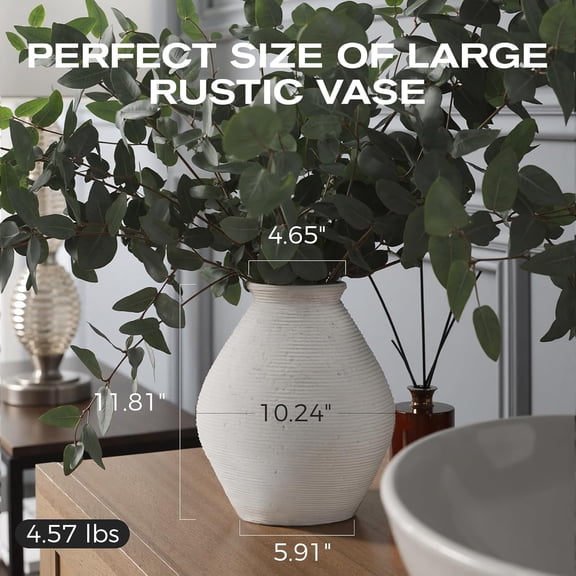 Ceramic Large Rustic Round Vase - 11.8" Beige Textured Pottery for Living Room, Farmhouse Decor, Table Centerpiece