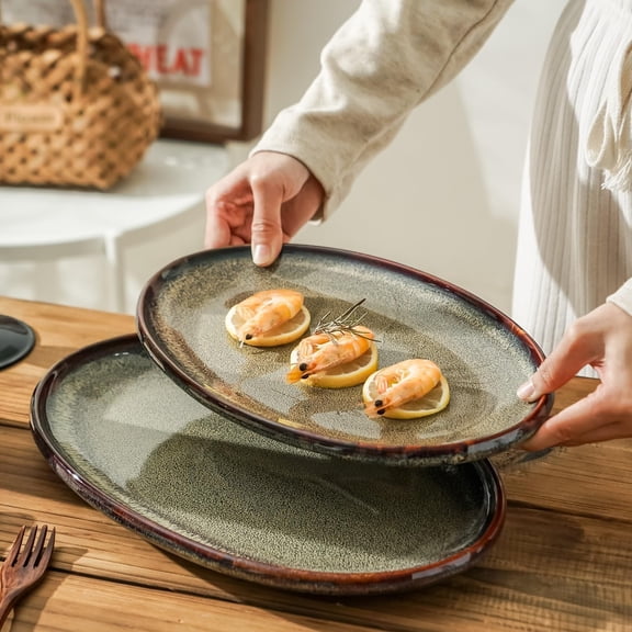 Ceramic Large Serving Platters - Set of 3 Oval Platters for Entertaining. Modern Kitchen Dishes for Dinner, Fruit, Salad, Turkey, etc. Oven, Dishwasher Safe, 15.75" / 13.75" /12", Caramel Brown