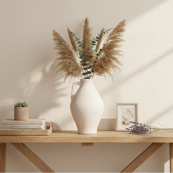 Nova Cream Ceramic Jug Vase with Handle, Textured Decorative Flower Vase