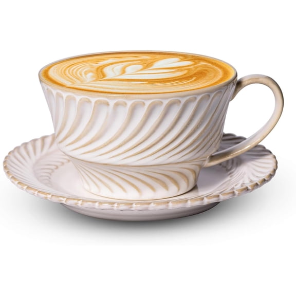 Ceramic Latte Cup with , 12 OZ Cappuccino Cup  Cafe Art Cups for Espresso Turkish Coffee,  Latte Mugs  Cups and Saucers Porcelain Set for Baristas Wedding Gifts