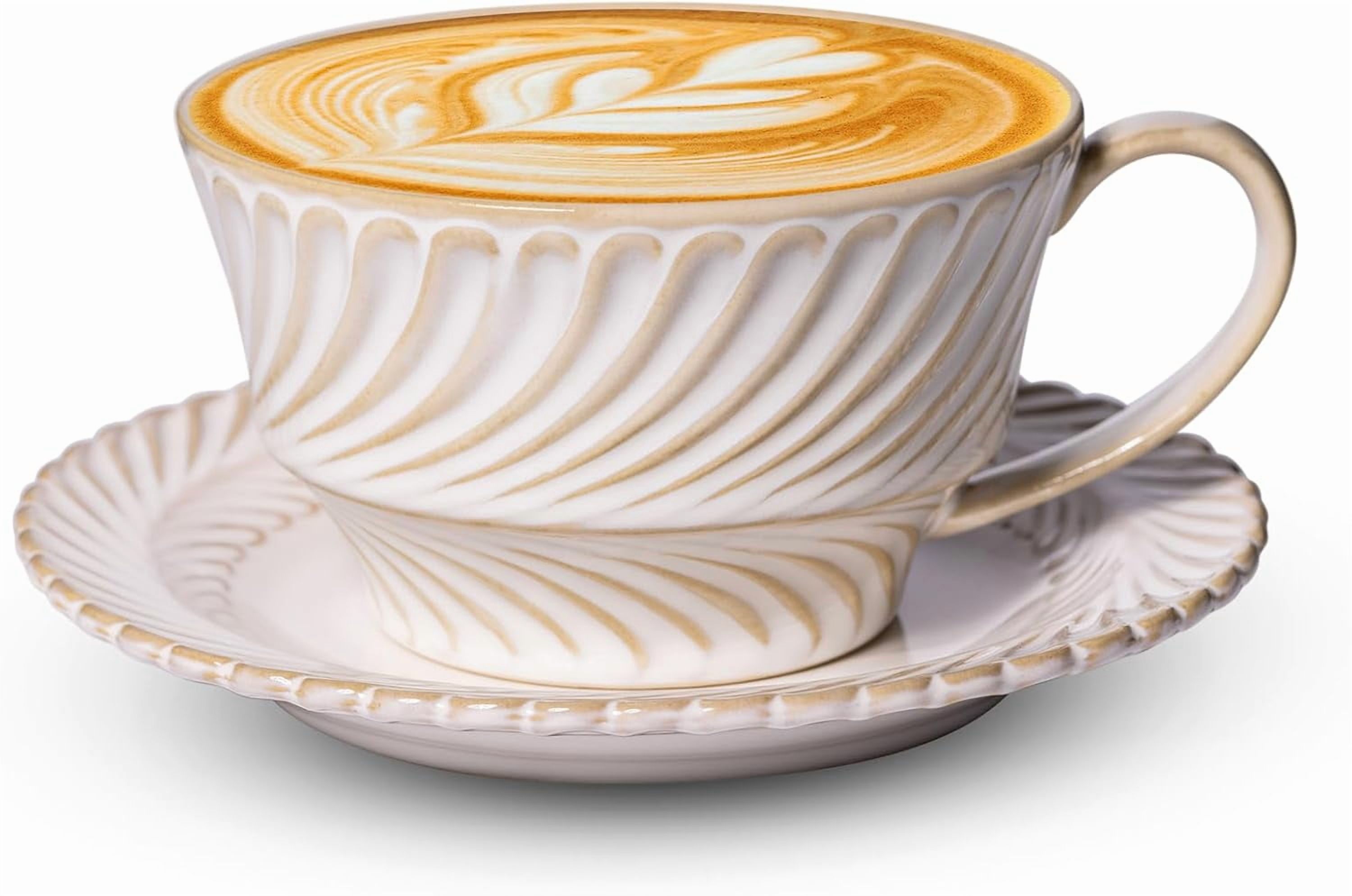Ceramic Latte Cup with Saucer, 12 OZ Cappuccino Cup Vintage Cafe Art Cups for Espresso Turkish Coffee, Farmhouse Latte Mugs Tea Cups and Saucers Porcelain Set for Baristas Great Gift