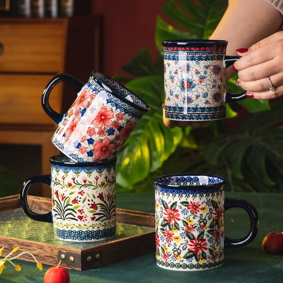 Ceramic Latte Mug Set of 4, 15.5oz Hand Painted Porcelain Coffee Cups With Handle for Tea/Milk/Cocoa - Modern Retro Design For Any Kitchen