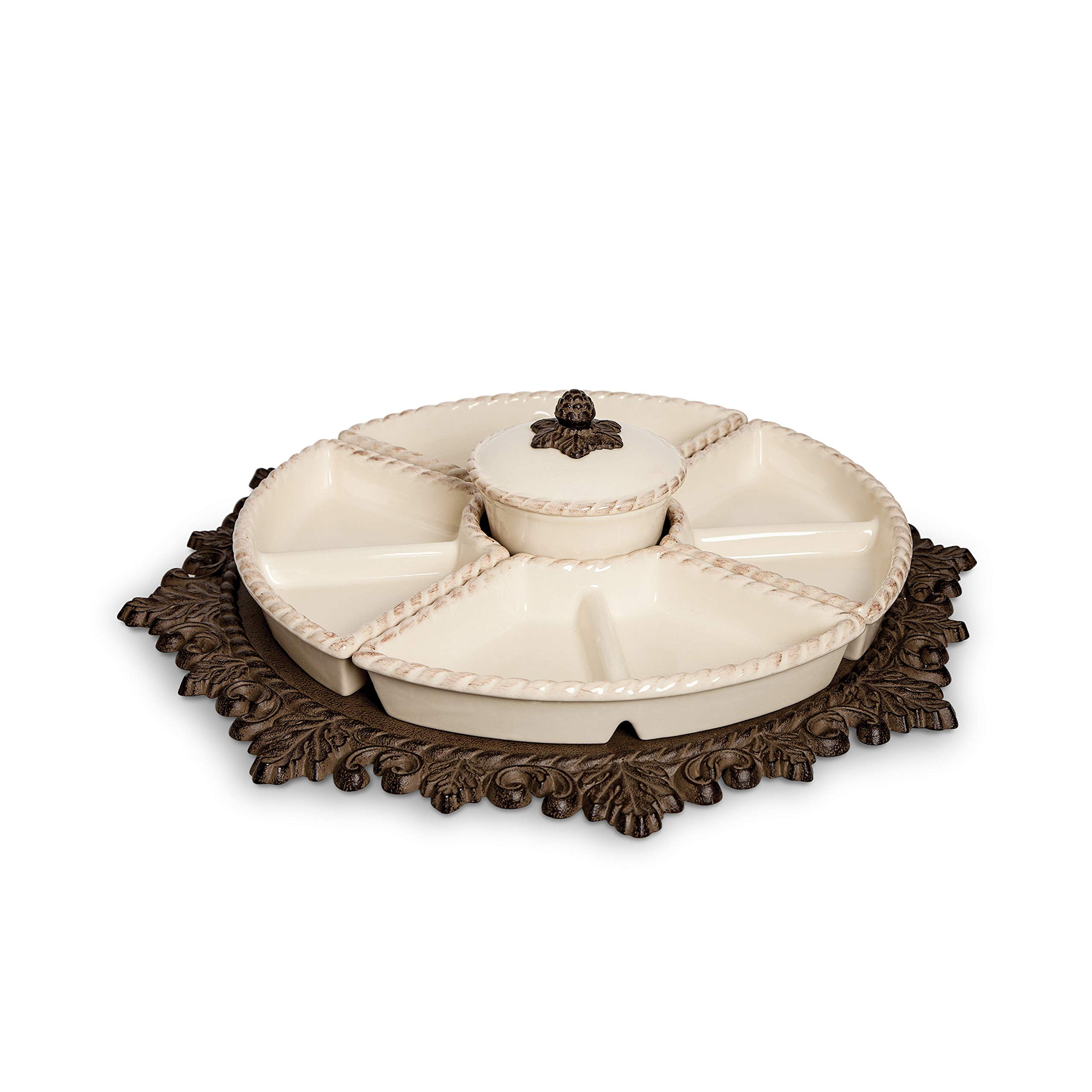 Cream Ceramic Lazy Susan with Bronze Metal Base