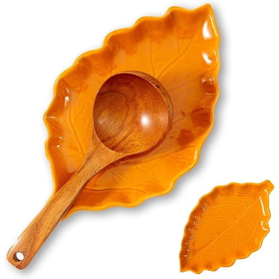 Ceramic Leaf Shape Spoon Rest for cooking, Cute Cooking Spoon Holder for Stove Top,Large Porcelain Spatula Rest for Kitchen Counter, Farmhouse Christmas Kitchen Decor (orange)