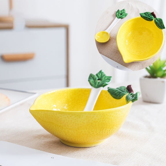 Ceramic Lemon Shape Dessert Bowl, Creative Handmade Small Bowl with Spoon for Appetizer, Snacks, Salads, Yogurt, Side Dishes
