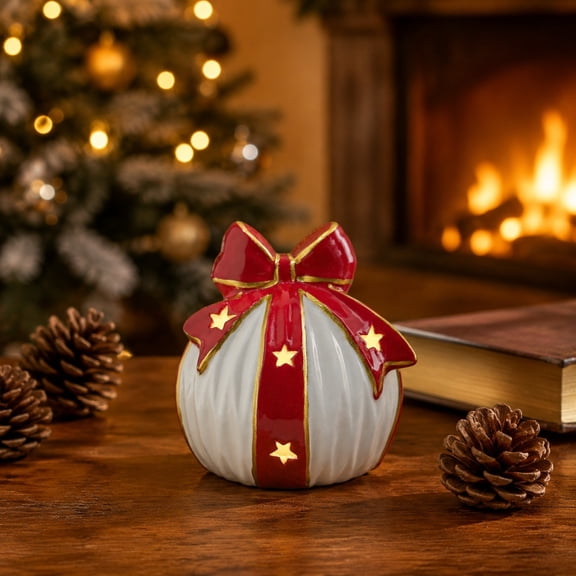 Ceramic Light Up Christmas Present Ornament with Star Cutout LED Tabletop Night Light,Red