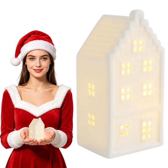 Ceramic Lighted Christmas House Figurine – LED Warm Light Up Village House with Hollow Cutouts, 4.3" x 2.2" x 1.8" – for Tabletop Mantel Shelf Window Winter Scene Holiday Decor and Gift – 1 Pack