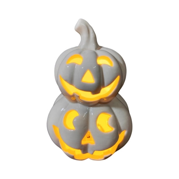Ceramic Lighted Pumpkin Decor for Halloween Tabletop Decoration, Glowing Jack O Lantern LED Desk Ornament for Home Shelf Mantel Party Fall Autumn Decorative Centerpiece