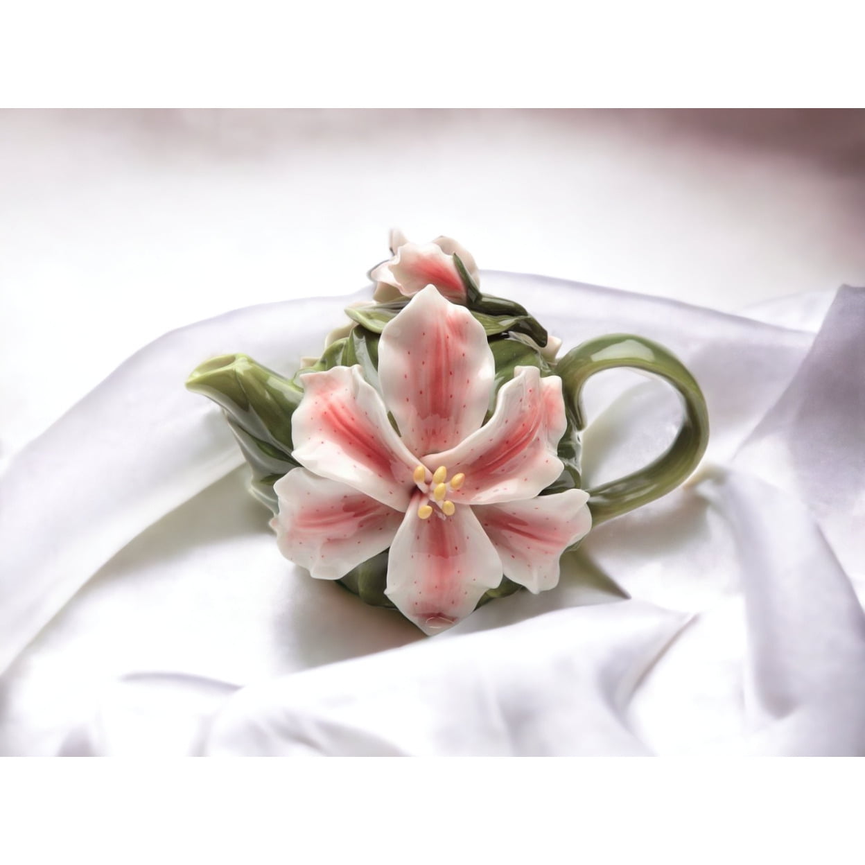 Handcrafted Green and Pink Ceramic Lily Flower Teapot