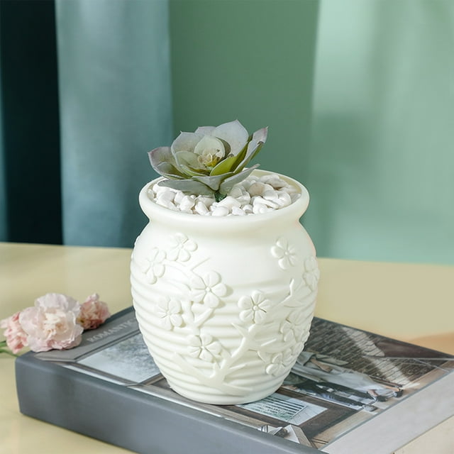 Ceramic-Look Plastic Vase - 5.1 Inch Decorative Flower Pot for Farmhouse, Boho & Modern Home Decor (Blue)