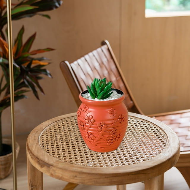 Ceramic-Look Plastic Vase - 5.1 Inch Decorative Flower Pot for Farmhouse, Boho & Modern Home Decor (Orange)