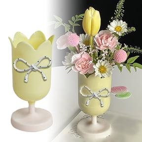 Ceramic Look Vase Unbreakable Flower Vase 5.11"x2.75" - 1 Pcs Modern Cute Tulip Style Yellow Table Centerpiece for Home Decor Office Wedding Decoration