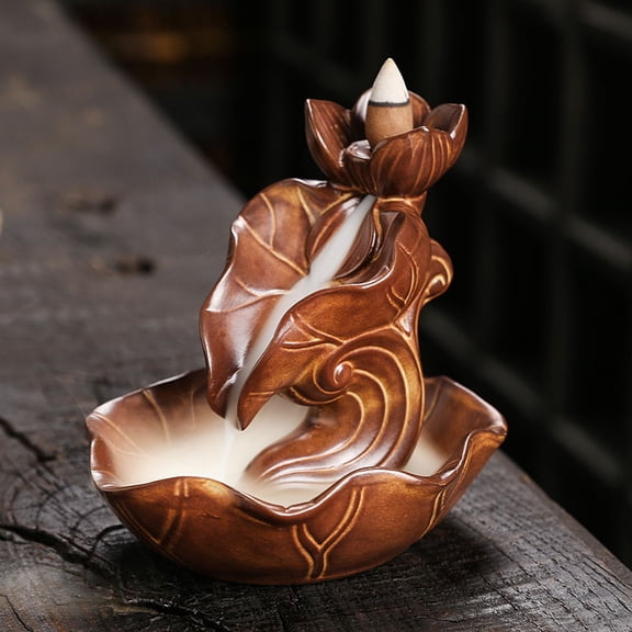 Ceramic Lotus Backflow Incense Burner Indoor Waterfall Smoke Incense Holder Creative Retro Lotus Leaf Incense Burner Aromatherapy Ornament