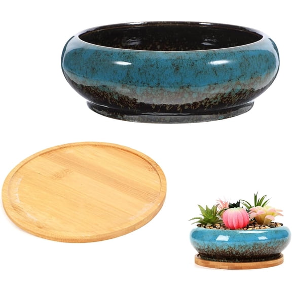 Ceramic Lotus Bowl Planter with Bamboo Stand,Lotus Flower Bowl for Water Plants,Water Lily Pot,Hydroponic Bowl Planter,Garden Decorative Flower Container for Bonsai/Succulents/Cactus(Sapphire Blue)