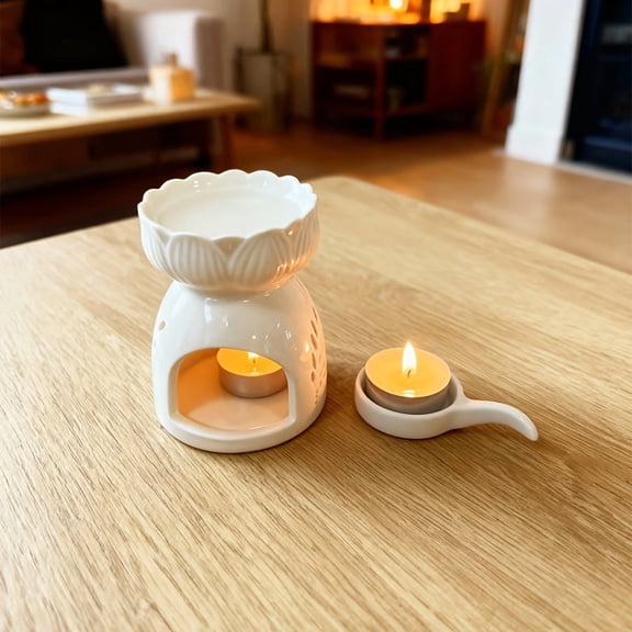 Ceramic Lotus Essential Oil Diffuser & Wax Melt Warmer, White Tea Light Candle Holder with Handle Spoon, Wickless Aroma Diffuser for Home, Office & Spa, Pet-Safe