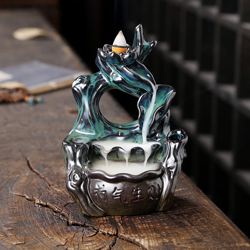 Ceramic Lotus Leaf Aromatherapy Holder Creative Waterfall Lotus Backflow Incense Burner Ornament for Yoga Room Office Bedroom