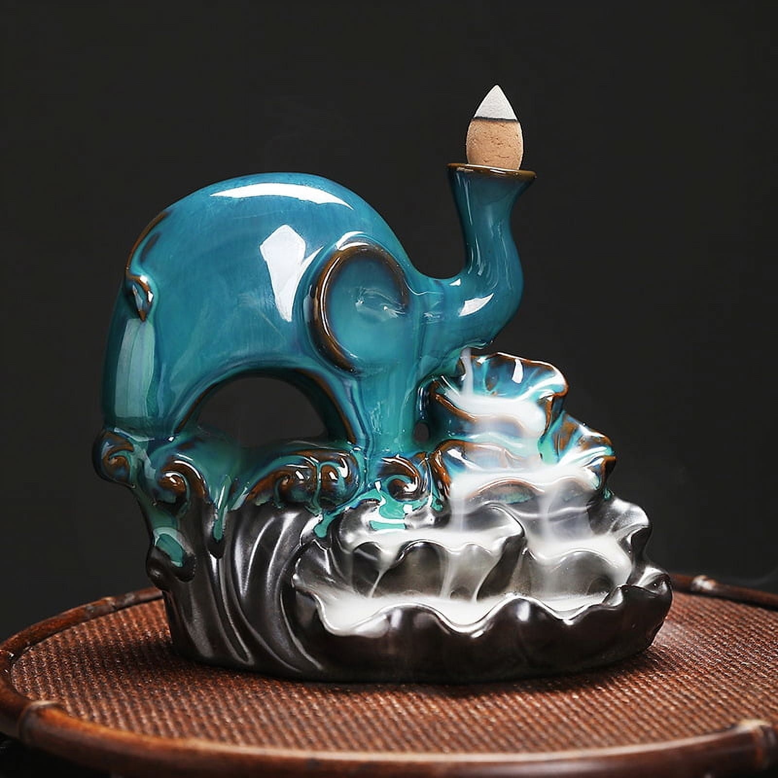 Ceramic Lotus Leaf Sandalwood Incense Burner Smoke Elephant Backflow Incense Holder Home Crafts and Ornaments