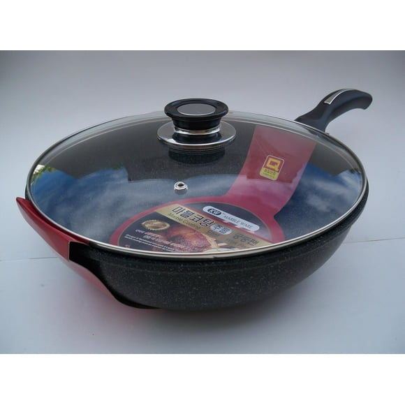 Ceramic Marble Coated Cast Aluminium Non Stick Stir Fry Wok With Glass Lid, 28 cm