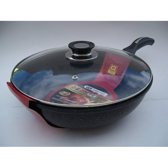 Ceramic Marble Coated Cast Aluminium Non Stick Stir Fry Wok With Glass Lid, 32 cm