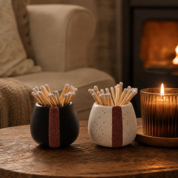 Ceramic Match Holder Set Decorative Storage Jar with Striker Strip for Home Fireplace Candle Lighting Table Decor, Vintage Ceramic Match Container for Bedroom Coffee Table