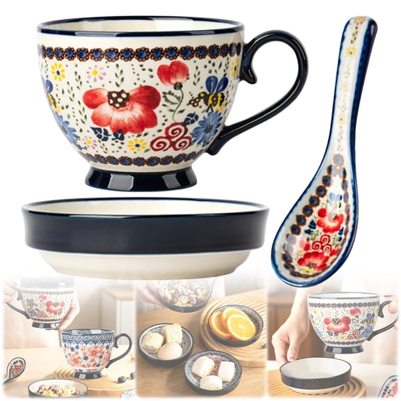 Ceramic Meal Mug with Plate Spoon for Breakfast Coffee Soup Cereal Microwave Safe