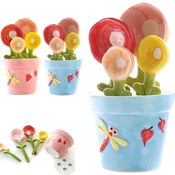 Ceramic Measuring Spoon Set with Flower Pot Holder, 5-Piece Cute Baking Spoons, Decorative Kitchen Tools for Cooking, Baking, and Coffee Prep, Unique Gift Idea