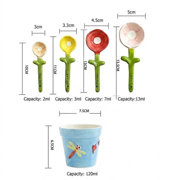 Ceramic Measuring Spoons Set 4-Piece, Flower Shape Baking Spoons, Dishwasher-Safe Measuring Spoons with Box Gift Set, 2/3/7/13ml Capacity Kitchen Tool