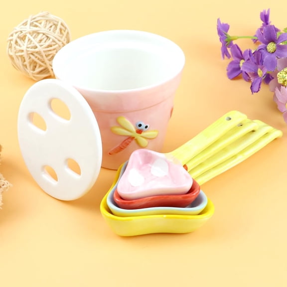 Ceramic Measuring Spoons Set 5 Piece Flower Pot Shape Holder with Mushroom Spoons Decorative Kitchen Tool for Cooking Baking and Gift Giving