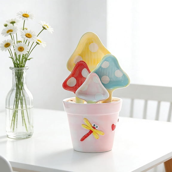 Ceramic Measuring Spoons Set 5 Pieces Fun Mushroom Design with Flower Pot Shape Spoon Holder Decorative Kitchen Gadget for Cooking Baking and Serving