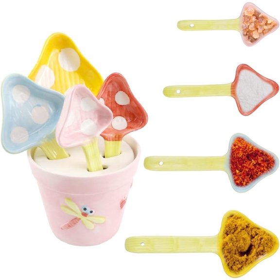 Ceramic Measuring Spoons Set Mushroom Design Kitchen Spoons with Flower Pot Holder Decorative Baking Measuring Tool for Home Cooks
