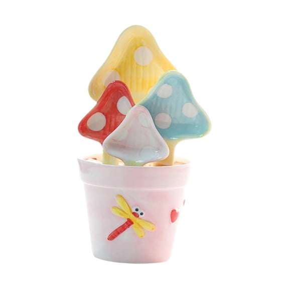Ceramic Measuring Spoons Set of 5 with Mushroom Shaped Design and Decorative Cup for Baking and Cooking Use