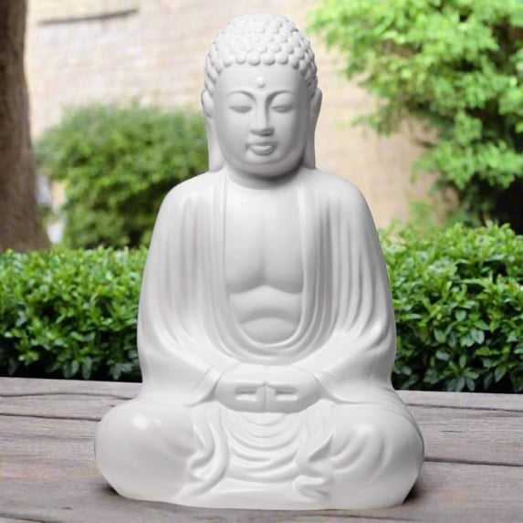 Ceramic Meditating Buddha Figurine with Rounded Ushnisha in Dhyana Mudra Large Glazed Finish White