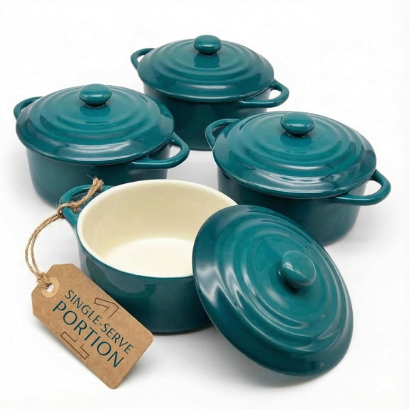 Ceramic Mini Cocotte Set with Lids and Handles, 12 oz Individual Baking Ramekins, Oven Microwave and Dishwasher Safe, Stoneware, Set of 4, Aqua Ombre Bestseling