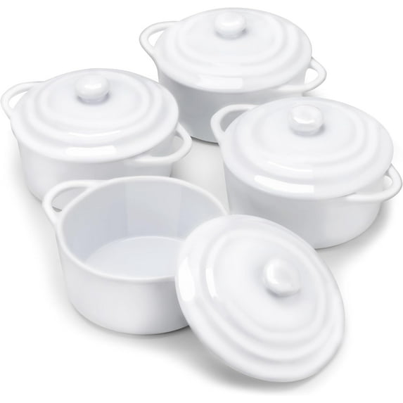 Ceramic Mini Cocotte Set, Small Casserole Dishes with Lids and Handles, Individual Baking Ramekins, Oven, Microwave & Dishwasher Safe, Stoneware, 12 oz, Set of 4 (Stone Ombre)