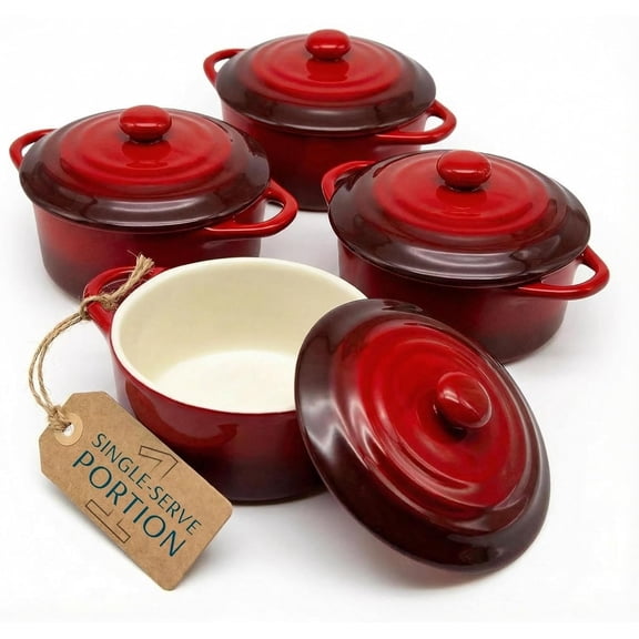 Ceramic Mini Cocotte Set with Lids and Handles 12 oz Oven Microwave and Dishwasher Safe Stoneware Set of 4 Crimson Ombre Bestseling